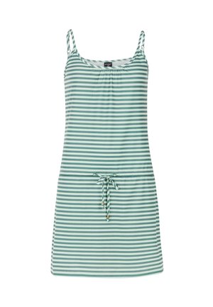 Gestreiftes Kleid in Grün und Weiß, aus leichtem Stoff gefertigt. Verfügt über verstellbare Spaghettiträger und eine Kordelzug-Taille mit goldenen Akzenten.