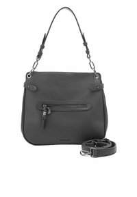 Sac à main en cuir noir avec une bandoulière amovible, poche zippée à l'avant et quincaillerie en ton argent. Texture lisse et design moderne.