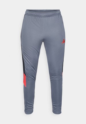 Pantaloni sportivi grigi con vita elastica, accenti laterali rossi e neri e tessuto liscio e leggero. Presentano un logo ricamato.