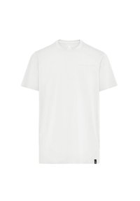 White cotton t-shirt with short sleeves, crew neckline, small chest pocket, and a black logo tag on the bottom left side.