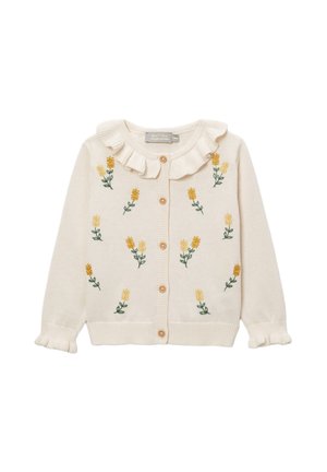 Cardigan bébé couleur crème avec col et poignets à volants, fermeture à boutons sur le devant et broderie florale jaune uniformément répartie sur le devant.