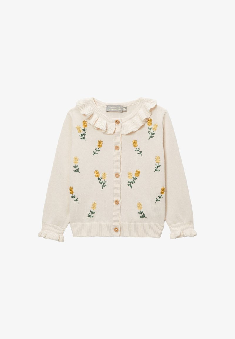 Cardigan bébé couleur crème avec col et poignets à volants, fermeture à boutons sur le devant et broderie florale jaune uniformément répartie sur le devant.