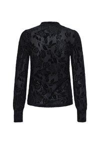 Blusa nera a maniche lunghe con motivo floreale in velluto, texture semitrasparente, scollo a giro e maniche lunghe arricciate.