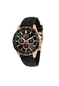 Orologio cronografo con quadrante nero, cassa in oro rosa e cinturino in silicone nero. Presenta tre sub-quadranti e una finestra per la data.