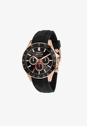 Orologio cronografo con quadrante nero, cassa in oro rosa e cinturino in silicone nero. Presenta tre sub-quadranti e una finestra per la data.