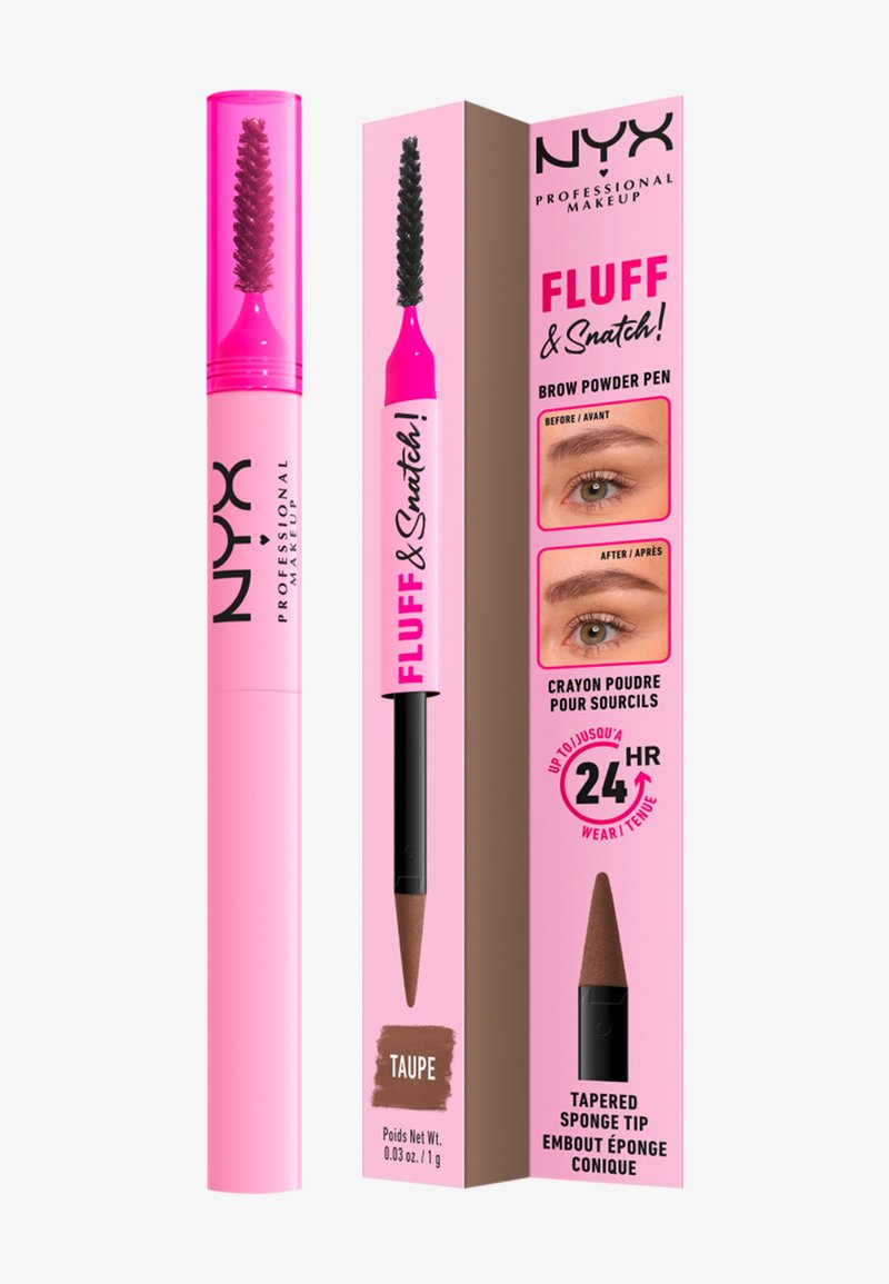 Crayon poudre pour sourcils NYX Fluff & Snatch en teinte taupe avec brosse spoolie, embout éponge effilé, et photos avant-après des sourcils sur un emballage rose.