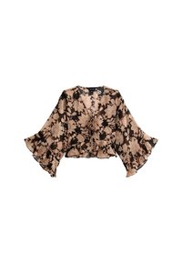 Blouse noire raccourcie avec des manches évasées, arborant un motif floral beige. Fabriquée en tissu léger et transparent avec un détail de nouage à l'avant.