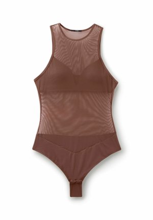 Hnědé průsvitné body bez rukávů s integrovanými košíčky podprsenky a vysokým límcem, se zapínáním na patentku v rozkroku.