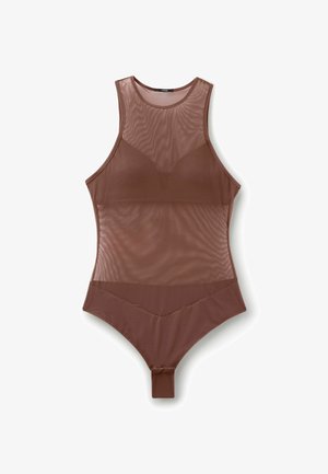 Hnědé průsvitné body bez rukávů s integrovanými košíčky podprsenky a vysokým límcem, se zapínáním na patentku v rozkroku.