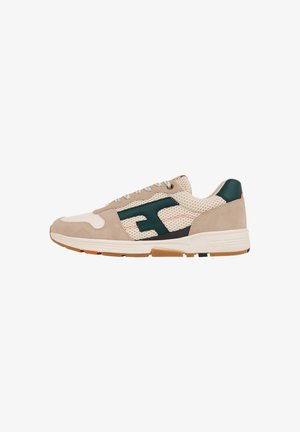 Beige and green athletic shoe with suede and mesh materials, featuring a patterned design, lace-up closure, and a contrasting rubber sole.