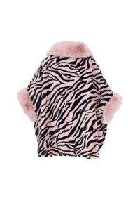 Wrap in pelliccia sintetica con un motivo a zebra rosa e nera. Dotato di colletto e polsini in peluche. Forma ampia per comfort e calore.