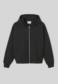 Hoodie noir zippé en tissu doux. Comprend une fermeture éclair à l'avant, des poches kangourou et une grande capuche. Poignets et ourlet côtelés. Design simple.