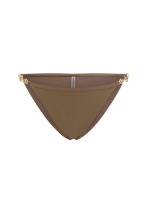 Brauner Bikini-Unterteil mit glatter Textur, versehen mit goldfarbenen Hardware-Details an den Seiten und einem Logo-Tag in der Mitte.