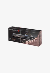 Remington ProLuxe Midnight Edition hårtång med digital visning i svart och roséguldförpackning, som framhäver avancerade stylingfunktioner.