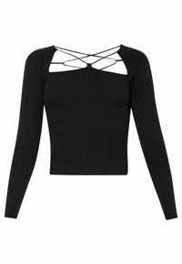 Top corto a maniche lunghe nero a coste con scollatura quadrata e dettagli incrociati, dal design aderente. Tessuto testurizzato leggermente elasticizzato.