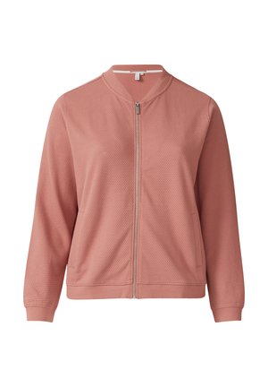 Veste bomber rose poussiéreux en tissu texturé. Dispose d'une fermeture éclair sur le devant, de poignets côtelés et de poches latérales au design minimaliste.