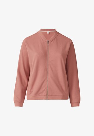Veste bomber rose poussiéreux en tissu texturé. Dispose d'une fermeture éclair sur le devant, de poignets côtelés et de poches latérales au design minimaliste.