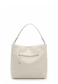 Light beige leather tote bag with a textured surface, a curved top, and a front zippered pocket. Features a single, sturdy handle.