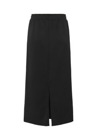 Jupe midi noire avec une taille élastique et une fente centrale à l'avant, fabriquée en tissu lisse.