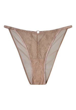 Nackter Spitzen-Slip, der mit floralen Stickereien, weichen Mesh-Seiten und einem kleinen dekorativen Ring in der Mitte vorne versehen ist. Elegantes Design mit subtiler Textur.