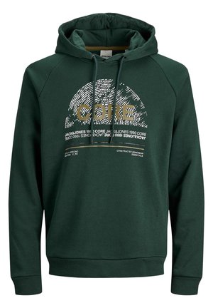 Dunkelgrüner Hoodie mit vorderen Kordeln, mit weißer Fingerabdruck-Grafik und goldenem "CORE" Text in der Mitte.