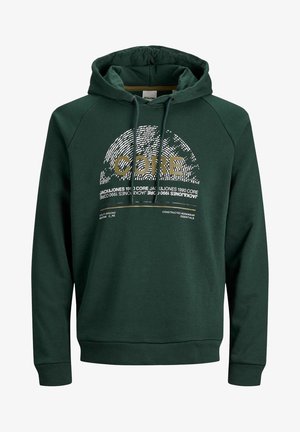 Sweat à capuche vert foncé avec cordons à l'avant, avec un motif d'empreinte digitale blanche et un texte doré "CORE" au centre.