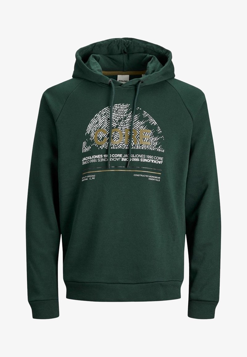Sweat à capuche vert foncé avec cordons à l'avant, avec un motif d'empreinte digitale blanche et un texte doré "CORE" au centre.