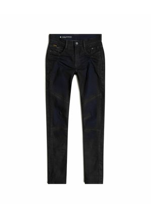 Jeans de motociclistă din denim negru, cu o croială slim, accente pe panoul genunchiului și detalii cusute. Materialul pare durabil, cu o suprafață ușor texturată.