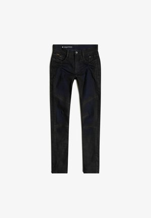 Jean biker en denim noir avec une coupe slim, des accents de panneau au niveau des genoux et des détails cousus. Le tissu semble durable avec une surface légèrement texturée.