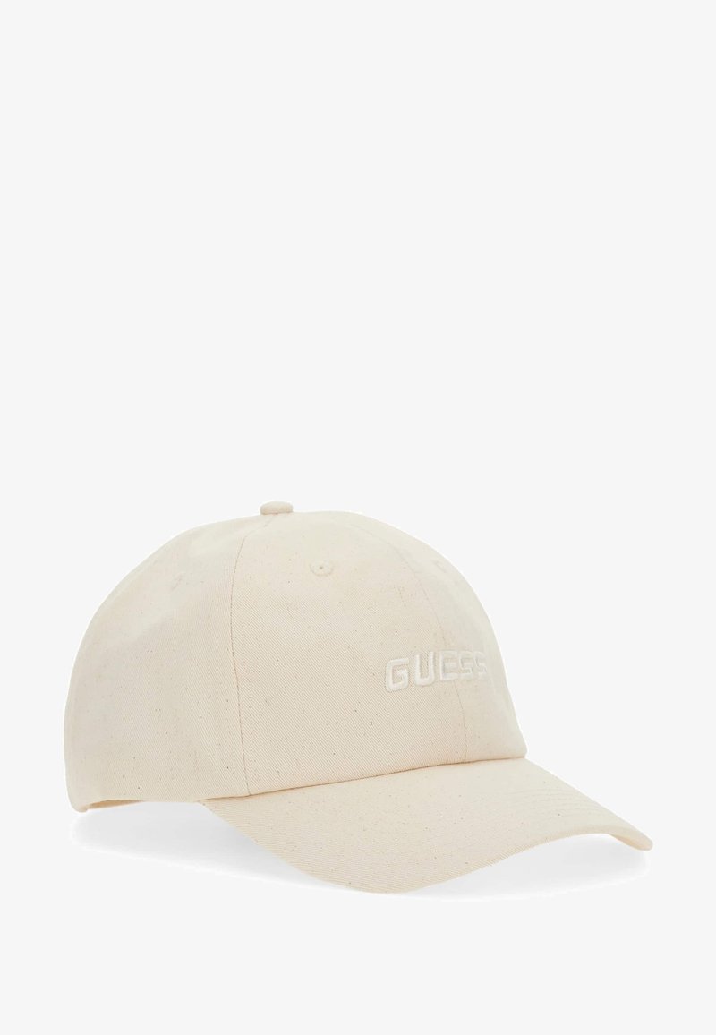 Beżowa bawełniana czapka baseballowa z haftowanym logo, zakrzywionym daszkiem i wentylującymi otworami. Posiada klasyczny regulowany pasek z tyłu.