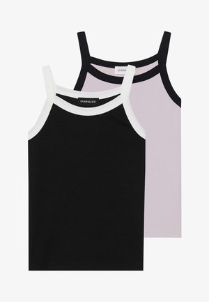 Divi riboti topi: viens melns ar baltajiem akcentiem, otrs gaiši violets. Abiem ir plānas siksniņas un pieguļošs dizains. Uz augšas redzami birkas.