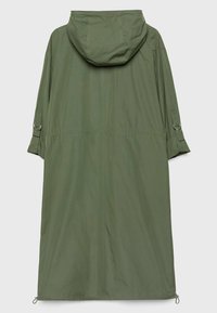 Olive green, long raincoat in lightweight material, featuring a hood, side buckles, and a straight cut with a drawstring hem.