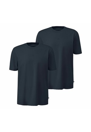 Two plain dark navy blue short-sleeve crew neck t-shirts, displayed side by side on white background.
