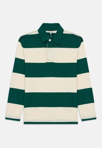 Long-sleeve polo shirt with green and cream horizontal stripes, buttoned collar, and soft cotton fabric. Features contrasting stitching.