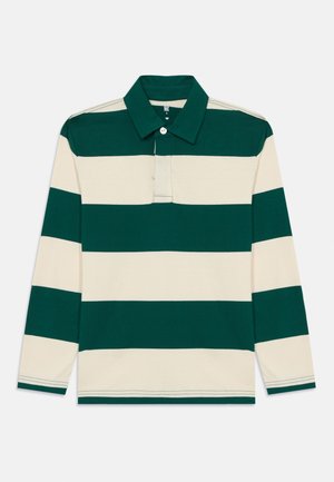 Long-sleeve polo shirt with green and cream horizontal stripes, buttoned collar, and soft cotton fabric. Features contrasting stitching.