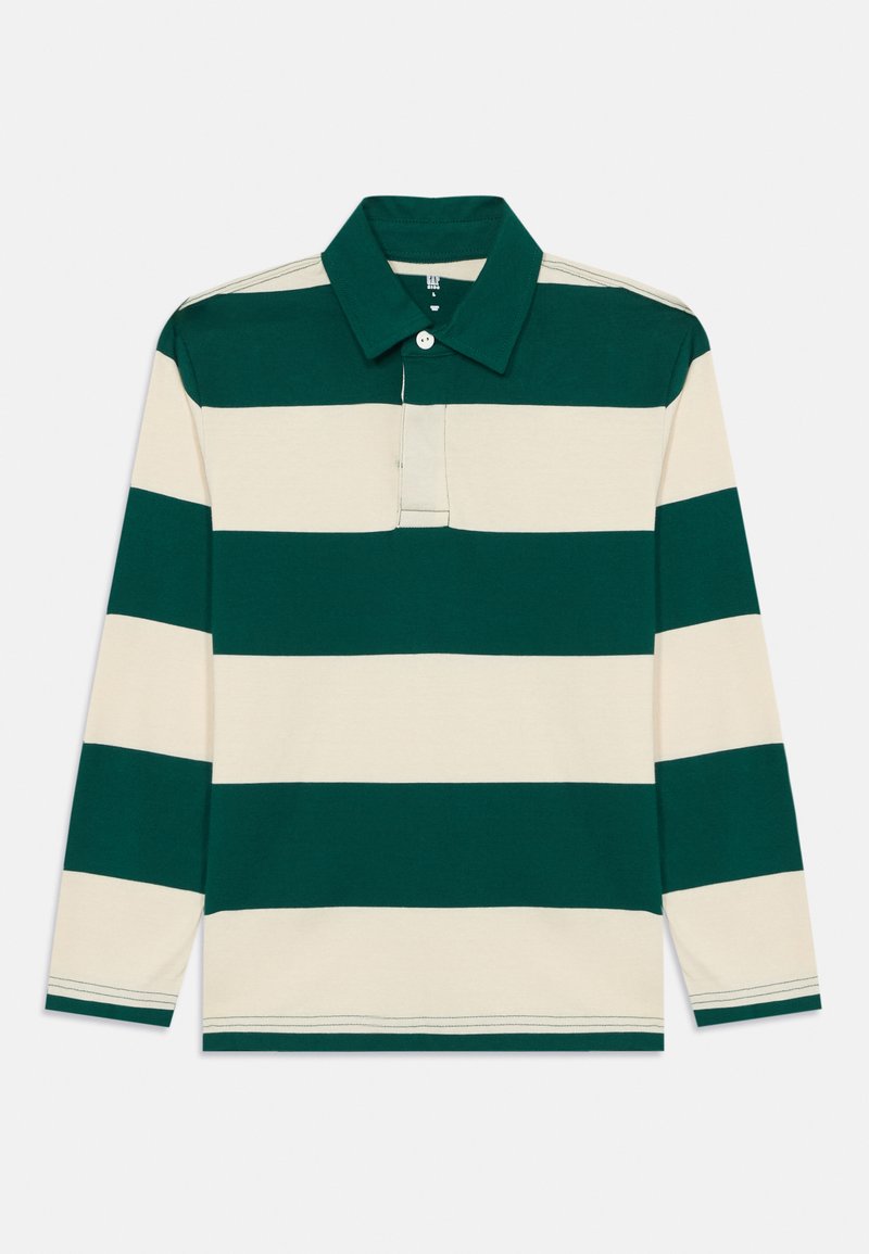 Long-sleeve polo shirt with green and cream horizontal stripes, buttoned collar, and soft cotton fabric. Features contrasting stitching.