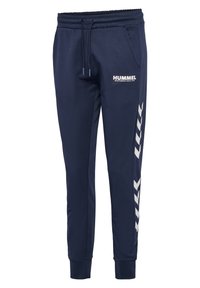 Navy blue joggers valmistettu pehmeästä kankaasta, jossa on naru vyötäröllä, sivutaskut ja valkoinen logo nuolikuviolla lahkeissa.