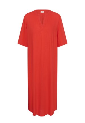 Løs rød midi-kjole med korte ærmer, rund slidsudskæring og lommer i sidesømmene.