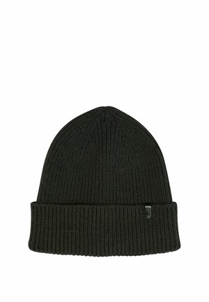 Black ribbed knit beanie with folded brim, small black tag on front, shown against a white background.