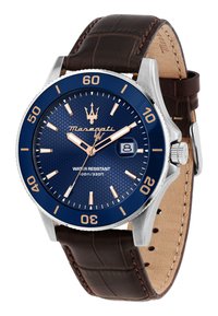 Maserati-Uhr mit Gehäuse aus Edelstahl, braunem Lederarmband, blauer Zifferblatt, goldenen Akzenten, Datumsanzeige und Wasserdichtigkeit bis 100 m.