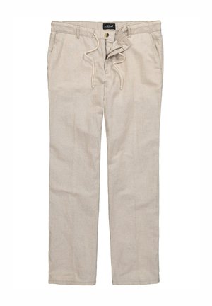 Beige, leichte Leinenhose mit elastischem Bund, Kordelzug und Seitentaschen. Ausgestattet mit einem Knopfverschluss und einem lockeren Sitz.
