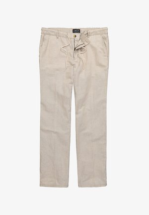 Beige, leichte Leinenhose mit elastischem Bund, Kordelzug und Seitentaschen. Ausgestattet mit einem Knopfverschluss und einem lockeren Sitz.