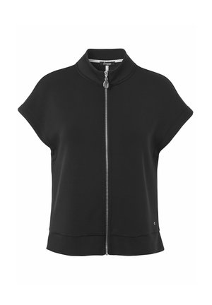 Schwarzes Zip-Up-Oberteil mit hohem Kragen, kurzen Ärmeln und einem lockeren Schnitt, aus einem glatten Material mit leichtem Glanz.