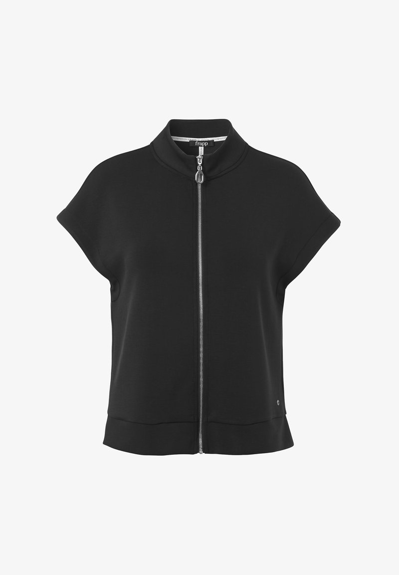 Schwarzes Zip-Up-Oberteil mit hohem Kragen, kurzen Ärmeln und einem lockeren Schnitt, aus einem glatten Material mit leichtem Glanz.