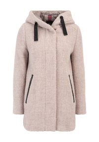 Cappotto rosa chiaro strutturato con cappuccio, tasche con cerniera nere e dettagli in coulisse neri. Tessuto morbido e caldo, ideale per il clima freddo.
