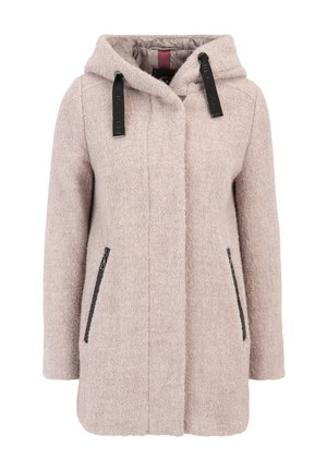 Light pink, textured coat with a hoodie, black zippered pockets, and black drawstring accents. Soft, warm fabric ideal for colder weather.