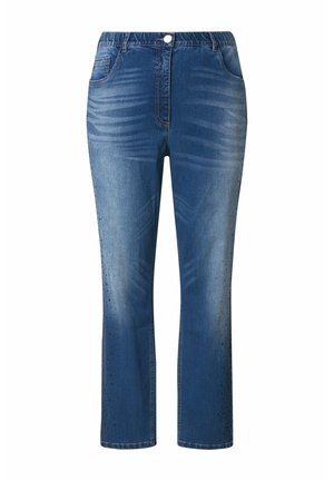 Blauwe spijkerbroek met een middelhoge taille, vijf zakken en subtiele wassing. Versleten accenten bij de zoom verbeteren de textuur.