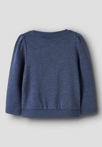 Felpa blu navy a maniche lunghe per ragazze con spalle leggermente arricciate e orlo e scollo a costine, vista dal retro.