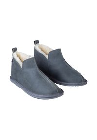 Gray suede ankle boots with a textured finish, lined with white fur, featuring a slip-on design and a flat rubber sole.