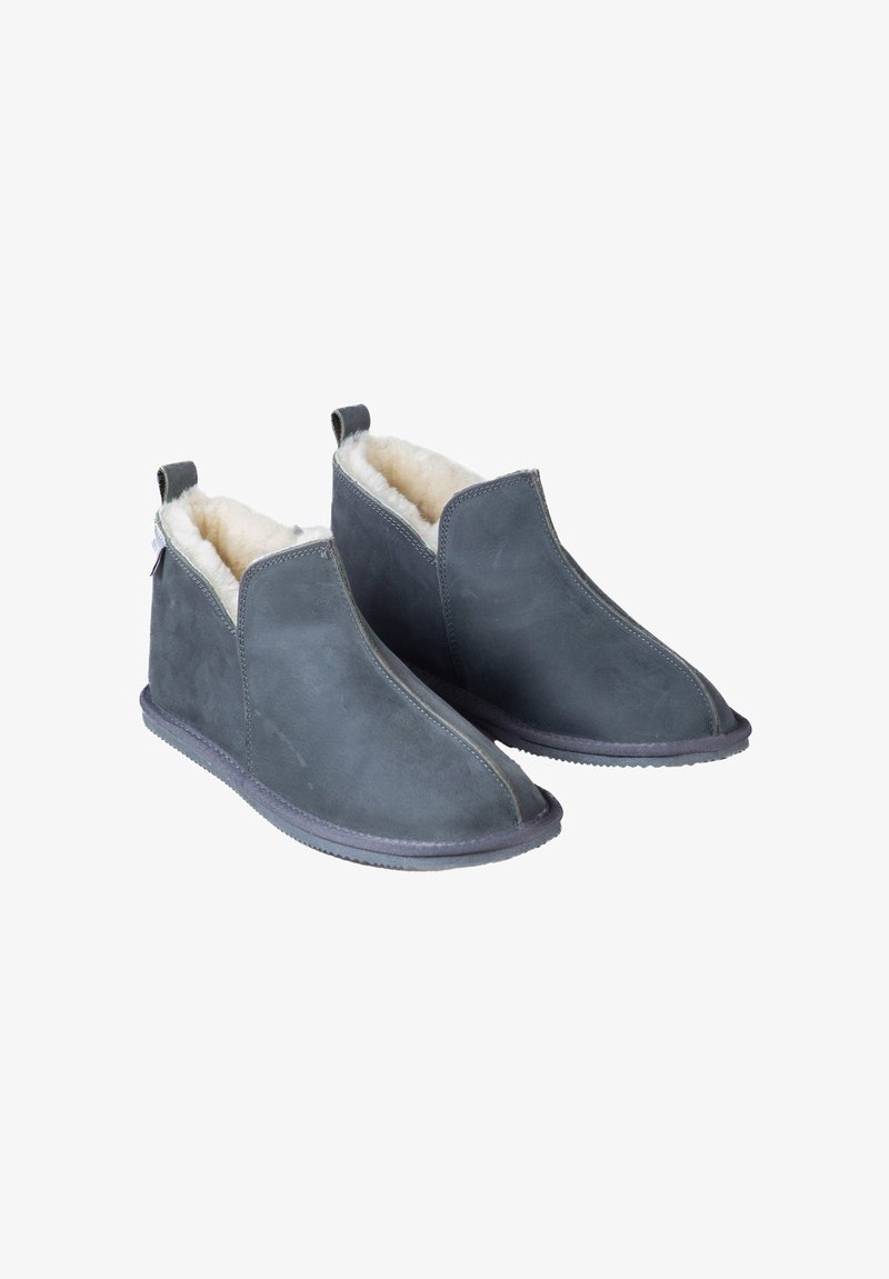Gray suede ankle boots with a textured finish, lined with white fur, featuring a slip-on design and a flat rubber sole.